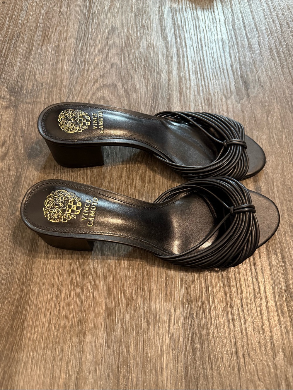 Vince Camuto Black Multi-Strap Knot Block Heel Mules